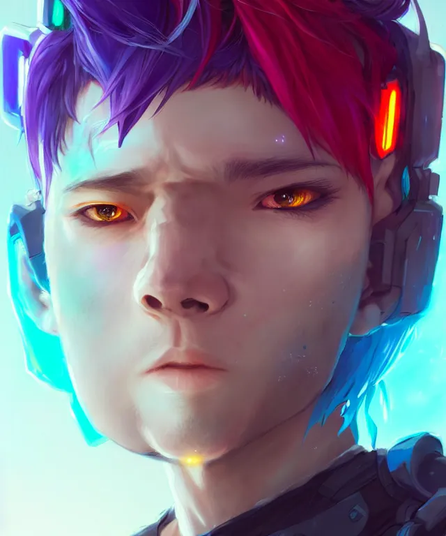 Prompt: character concept art of a cute cyberpunk boy with colorful hair and wolf ears and freckles | | cute - fine - face, pretty face, key visual, realistic shaded perfect face, fine details by stanley artgerm lau, wlop, rossdraws, james jean, andrei riabovitchev, marc simonetti, and sakimichan, trending on artstation