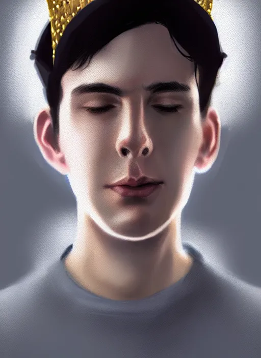 Image similar to portrait of teenage jughead jones wearing a light grey crown, photorealistic, crown, eyes closed, crown, black hair, intricate, elegant, glowing lights, highly detailed, digital painting, artstation, concept art, smooth, sharp focus, illustration, art by wlop, mars ravelo and greg rutkowski