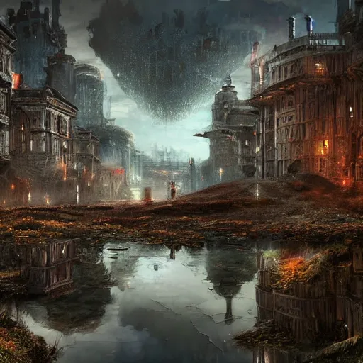 Image similar to a humongous city abandoned on the medieval highlands biome, digital art, wet reflections, intricate details, fantasy, hyper realism, humongous view, rtx, smooth, cinematic