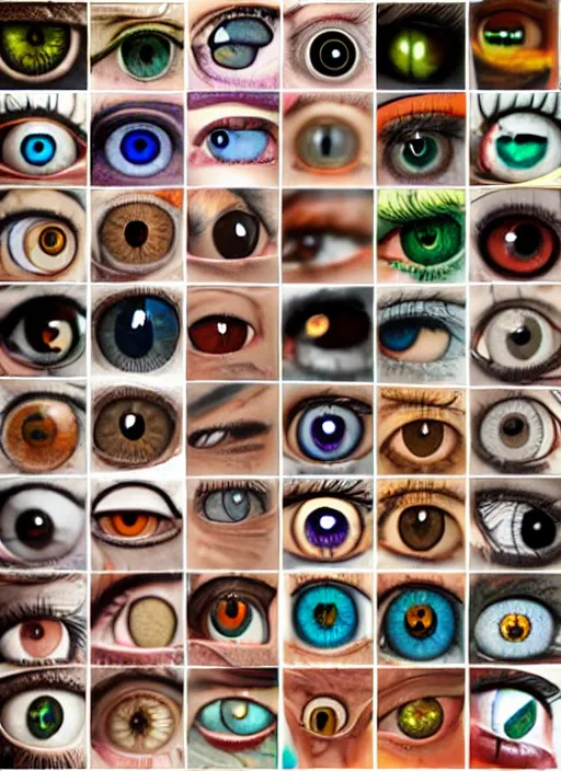 Prompt: diverse eyes!, dot pupils, round pupil, round iris, advanced art, art styles mix, from wikipedia, grid of styles, various eye shapes