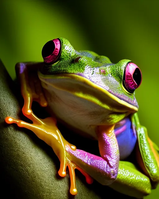 Image similar to natural light, soft focus portrait of a cyberpunk anthropomorphic tree frog with soft synthetic pink skin, blue bioluminescent plastics, smooth shiny metal, elaborate ornate jewellery, piercings, skin textures, by annie leibovitz, paul lehr