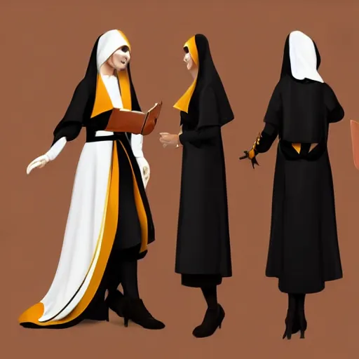 Prompt: female character design inspired by venice carnival and nun outfit, concept art, smooth