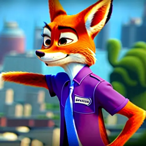 Image similar to Nick Wilde (from Zootopia) wearing a purple uniform