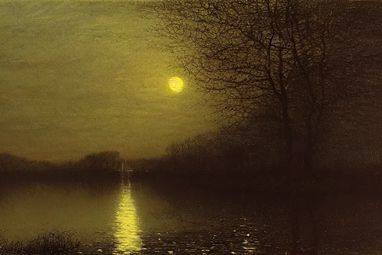 Prompt: a painting of still lake under moonlight by john atkinson grimshaw and geogre inness, acrylic art, artstation hd