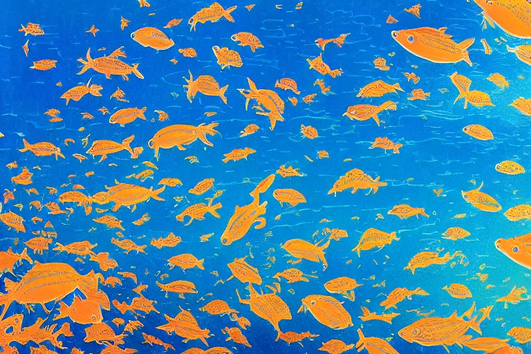 Image similar to portrait of goldfishes swarming the ocean. shadow and light. rays of light. energetic, dynamic, lively, detailed, intricate, complex. fine art by hayao miyazaki, akira toriyama, makoto shinkai, and ohara koson.