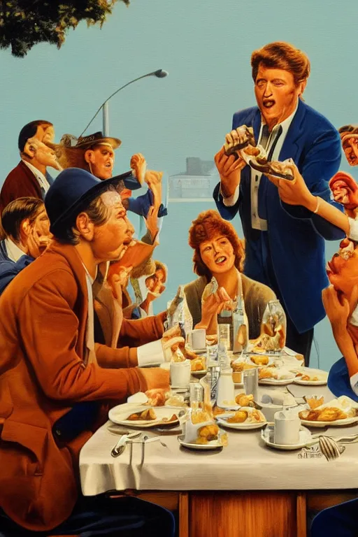 Prompt: eating the crumbs that fall from the rich man's table, an ultrafine detailed painting by john philip falter, shutterstock, american scene painting, movie still, concert poster, poster art