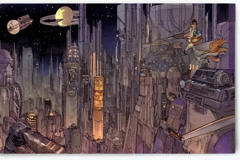 Image similar to a scifi illustration, Night City on Coruscant by m w kaluta