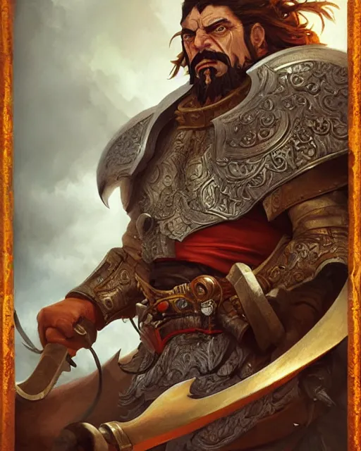 Image similar to digital painting of an angry hernan cortes by filipe pagliuso and justin gerard, symmetric, fantasy, hyper detailed, intricate, portrait, digital painting, sharp focus, tarot card, studio ghibli color scheme, handsome, concept art, alluring, game art, magic : the gathering