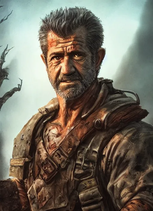 Image similar to A grimdark comic book style portrait painting of Mel Gibson as a post apocalyptic warrior survivalist in a atmospheric dark bombarded landscape with large dead trees, unreal 5, DAZ, hyperrealistic, octane render, RPG portrait, ambient light, dynamic lighting