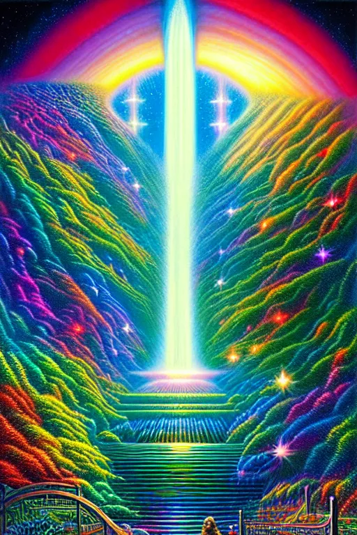 Prompt: a photorealistic detailed image of a beautiful vibrant iridescent future for human evolution, spiritual science, divinity, utopian, garden gates to the afterlife by david a. hardy, kinkade, lisa frank, wpa, public works mural, socialist