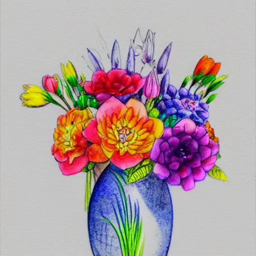 Image similar to a porcelain vase with a colorful and beautiful flower arrangement. very stylize and delicate watercolor and pencil drawing. medium shot. beautiful lighting, 4 k post - processing, trending in art station, cg society, highly detailed, 5 k extremely detailed