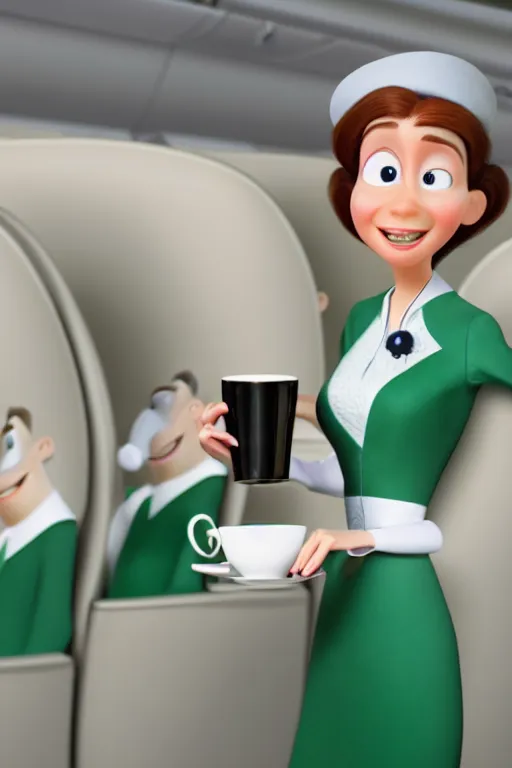 Prompt: female flight attendant green eyes holding white teacup with economy seats in background, full body. pixar disney 4 k 3 d render funny animation movie oscar winning trending on artstation and behance, ratatouille style