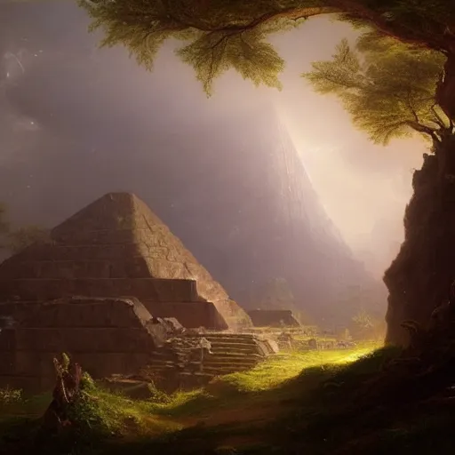 Prompt: ancient pyramid, overgrown undergrowth vegitation, dark volumentric ambient lighting, painting by thomas cole and greg rutkowski