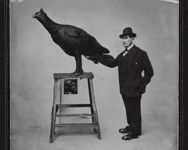 Image similar to early 1 9 0 0 s photo of a man in a suit next to a colossal black taxidermied bird, black and white, newspaper clipping