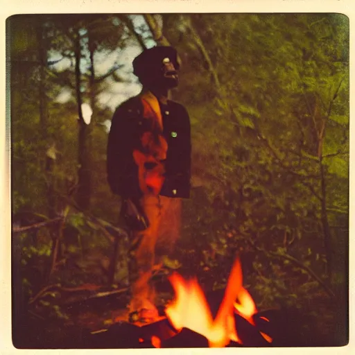 Image similar to retro 90s granular polaroid outdoors photo of an African American rapper near a campfire, flash photography, image artifacts