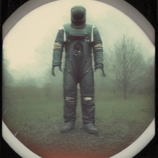 Image similar to polaroid photo of humanoid in spacesuit, abandoned mansion in the background, dark, moody, foggy