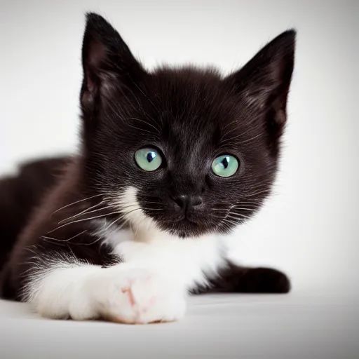 Prompt: black kitten with white chest and brown eyes
