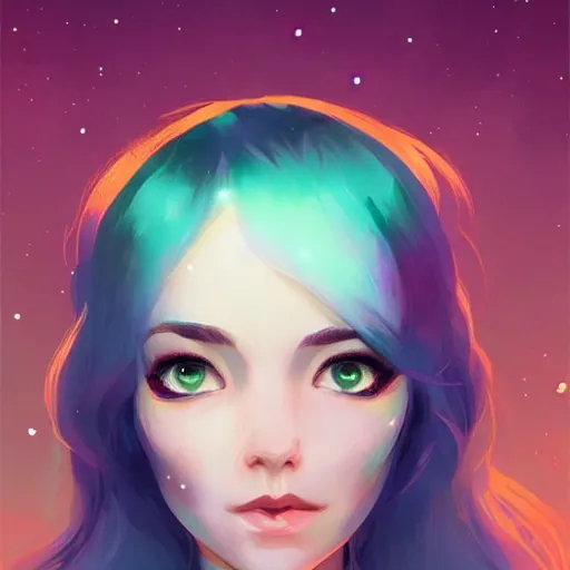 Image similar to a young woman with a starry cloak, aurora colored hair, curious expression, character art, full body art, trending on artstation, artgerm, 4k ultra hd, sharp focus, digital art by Ilya Kuvshinov and Ross Tran,