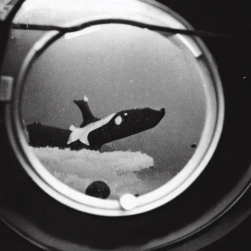 Prompt: an old black and white photo of a nightmarish sea monster seen through the porthole of a submarine, underwater, creepy, scary, dark,