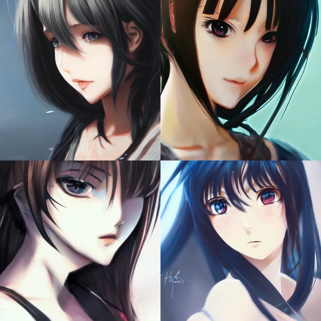Prompt: A close-up portrait of a beautiful anime girl by Huke, shoulder length straight black hair with bangs, concept art, soft lighting, trending on artstation