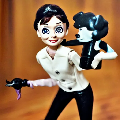 Prompt: audrey hepburn cos play walking 5 small dogs, stop motion vinyl action figure, plastic, toy, butcher billy style