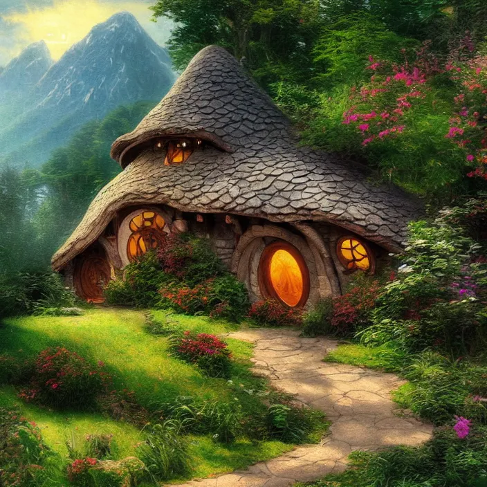 Prompt: hobbit house in lord of the rings in the style of thomas kinkade and micheal sowa