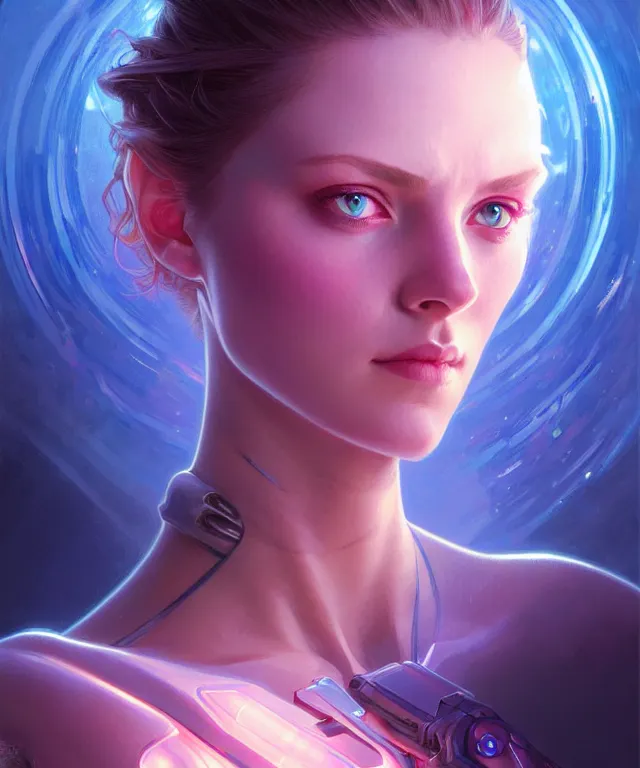 Image similar to Beautiful female android portrait, sci-fi, glowing blue eyes, face, blue and pink exoskeleton, fantasy, intricate, elegant, highly detailed, digital painting, artstation, concept art, smooth, sharp focus, illustration, art by artgerm and greg rutkowski and alphonse mucha