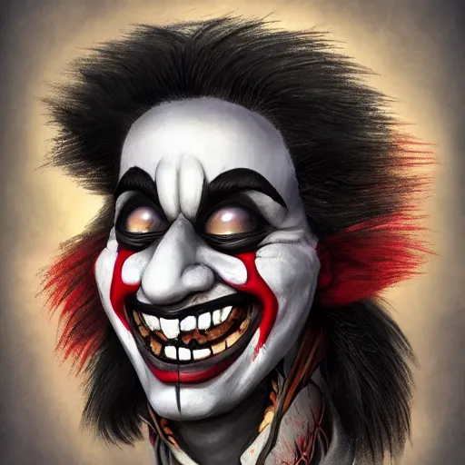 Image similar to dark and black clown jester , highly detailed , digital art, devian art , artstation , trending on artstation , HD , 4k