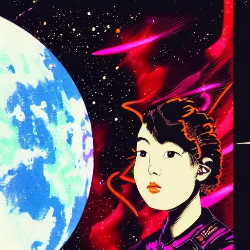 Prompt: portrait of a young astronaut girl, yoshitoshi abe, murata range, 1980s, synthwave, vibrant, orange red black and white color scheme, ((space nebula background)), smooth