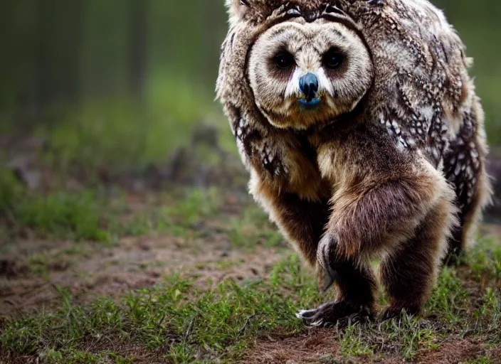 Image similar to an award winning photo of a owl - headed bear, very very bear, bear walking on all fours, full body portrait, forest, 4 k, wildlife photography, high quality, national geographic