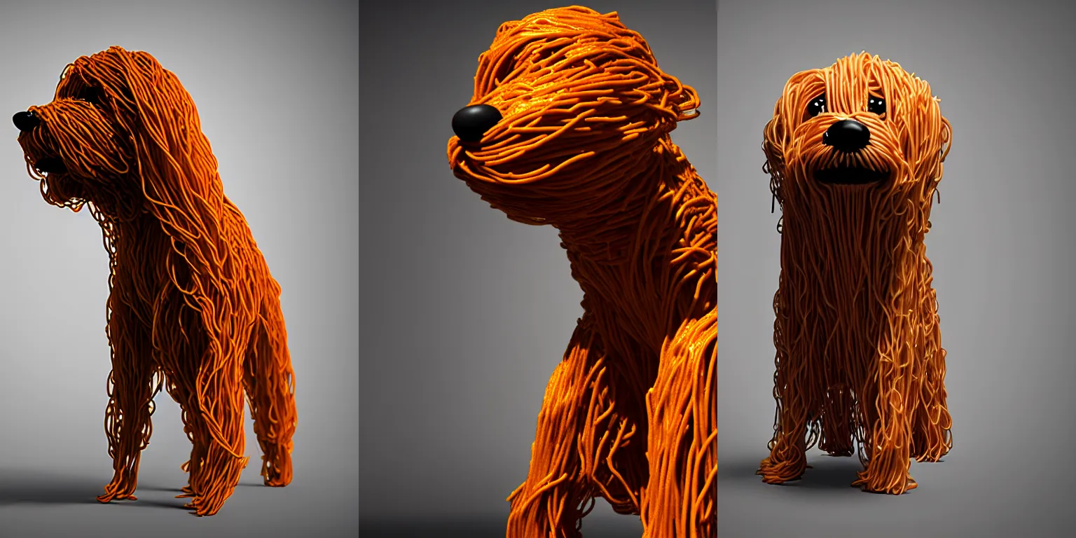 Prompt: a dog made out of spaghetti and meatballs, trending on artstation, rendered in unreal engine 5, sharp, dramatic lighting