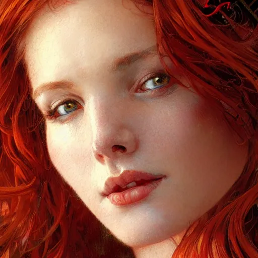 Prompt: highly detailed closeup portrait of beautiful woman with red hair, very detailed, realistic, card, by Stanley Artgerm Lau, greg rutkowski, thomas kindkade, alphonse mucha, loish, norman rockwell J.