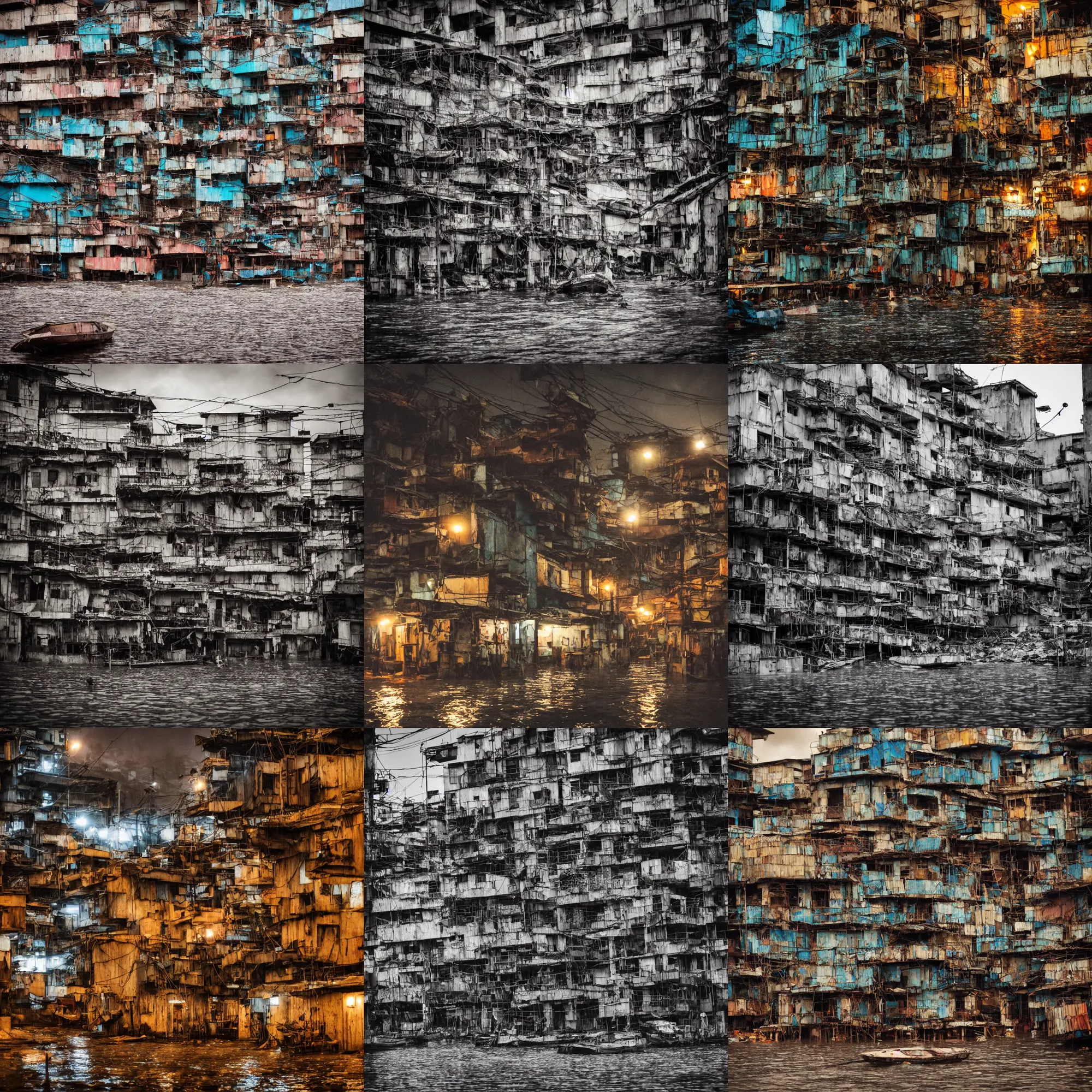 Prompt: travel photography, 3 5 mm photo of a dystopian cyberpunk motel!!! made of scrap wood and scrap metal in a village of favelas, flooded fishing village, at night, raining, boats in the water, epic lighting, epic composition, depth of field, bokeh, upscaled to 4 k