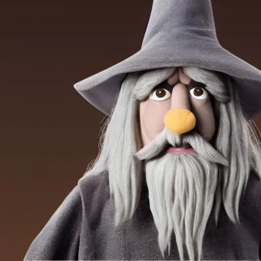 Prompt: A still of Gandalf the Grey as a muppet, wearing a grey, patched wizard's hat, realistic photo