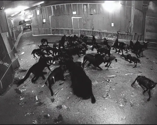 Image similar to camera footage of a Dozens of Aggressive Feral Black Dogs with rabies running in an abandoned shopping mall, high exposure, dark, monochrome, camera, grainy, CCTV, security camera footage, timestamp, zoomed in, Feral, fish-eye lens, Nightmare Fuel, Dog, Evil, Zerg, Brood Spreading, Motion Blur, horrifying, lunging at camera :4