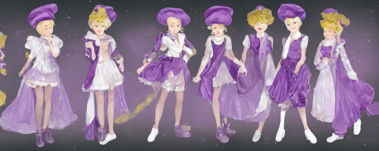 Prompt: A character sheet of full body beautiful and mysterious mystical girls with short blond hair wearing an oversized purple Beret, A purple and white dress uniform, Short Puffy pants made of silk, a fluffly petticoat, pointy jester shoes, a big billowy scarf, Golden Ribbon, and white leggings Covered in stars. Short Hair. Sunlit. Haute Couture.Art by william-adolphe bouguereau and Paul Delaroche and Alexandre Cabanel and Lawrence Alma-Tadema. Smooth. Elegant. Highly Detailed. Intricate. 4K. UHD. Denoise.