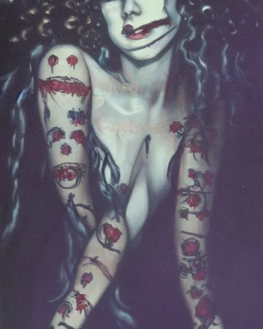 Image similar to a handsome but creepy, sinister, smiling young woman, with haunted eyes and curly hair, wearing punk clothing, 1 9 7 0 s, seventies, wallpaper, a little blood, moonlight showing injuries, delicate embellishments, painterly, offset printing technique, by brom, robert henri, walter popp