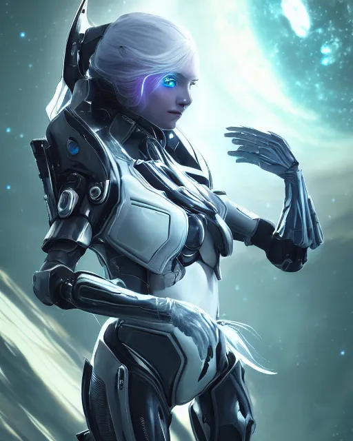 Image similar to perfect android girl on a mothership, warframe armor, beautiful face, scifi, futuristic, galaxy, nebula, raytracing, dreamy, long white hair, blue cyborg eyes, sharp focus, cinematic lighting, highly detailed, artstation, divine, by gauthier leblanc, kazuya takahashi, huifeng huang