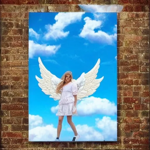 Image similar to bright blu sky. fluffy clouds. angels with big wings wake - up