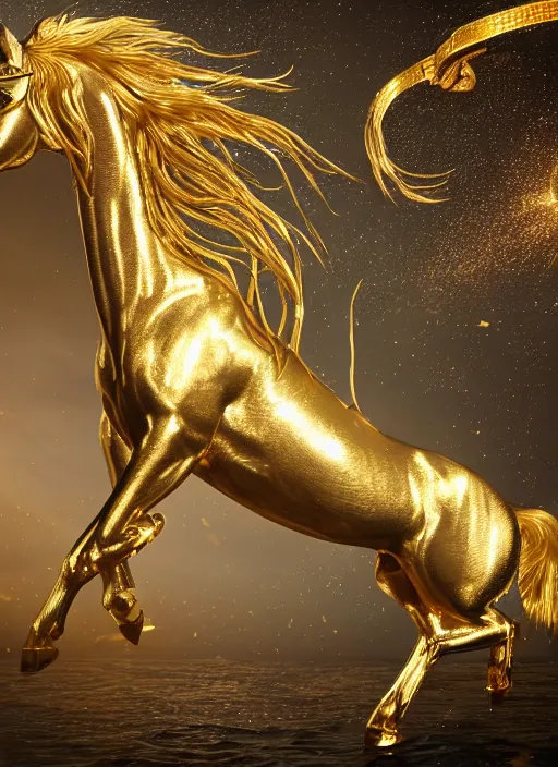 Image similar to kirin hybrid with white horse, golden metalic reflective skin, golden intricate diamonds reflective skin, under water, dynamic, light-gold shimmer, spotlight, ultrarealistic, Hyperdetailed, 3d octane render, science fiction, concept art