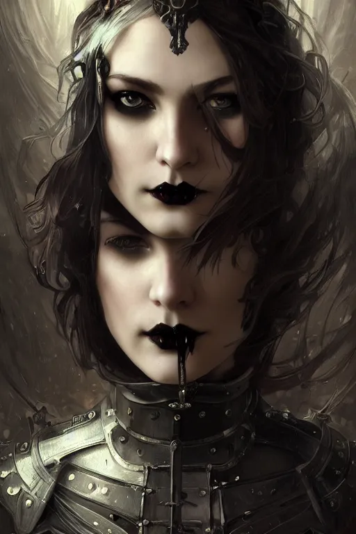 Image similar to beautiful and gothic and evil and luxury and dieselpunk young medieval female knight portrait +smoky eyes+front face with light flowing hair, ultradetail face, art and illustration by tian zi and craig mullins and WLOP and alphonse mucha, fantasy, intricate complexity, human structure, human anatomy, fantasy character concept, watermark, blurry, hyperrealism 8k