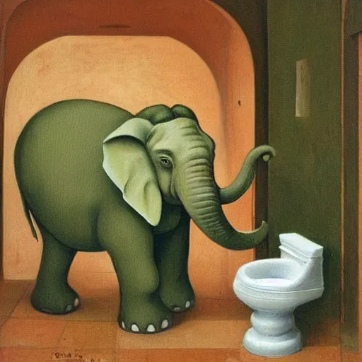 Prompt: cute little green elephant cleaning out a toilet with big toothbrush, dramatic, oil painting by Raphael