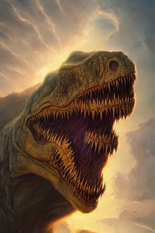 Prompt: portrait of t-rex by Peter Mohrbacher and Peter Gric, volumetric lighting, good composition, trending on artstation, polarizer filter, in the golden hour