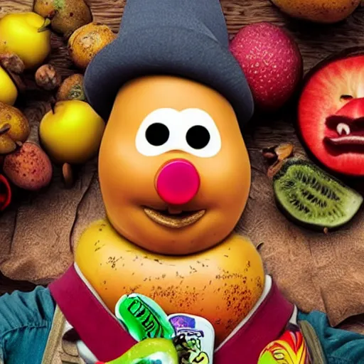 Image similar to giuseppe arcimboldo, mr potato head, fruit monster, unreal engine, new scifi movie