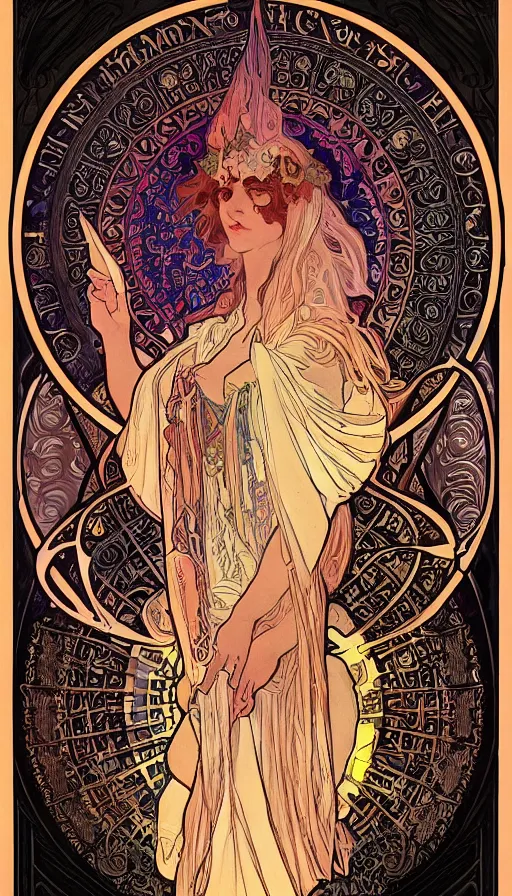 Image similar to a finely detailed beautiful!!! feminine alchemical engraving of The Baphometress by Alphonse Mucha, legendary masterpiece, stunning!, saturated colors, black background, full body portrait, zoomed out to show entire image, trending on ArtStation