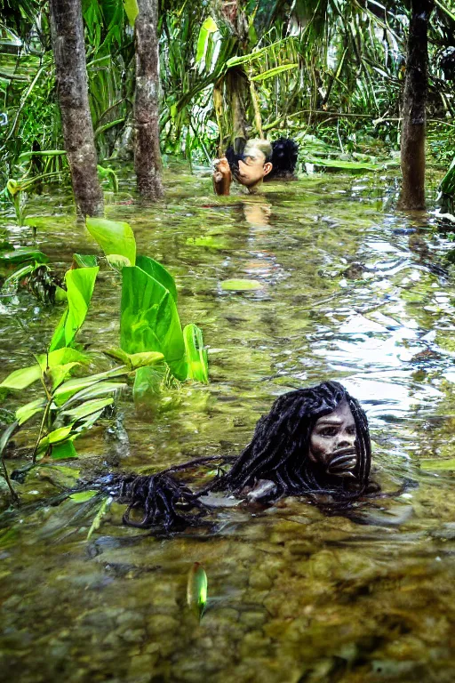 Prompt: predator in sri lankan jungle, submerged in water, black hair, hunter, extremely high fidelity, natural lighting