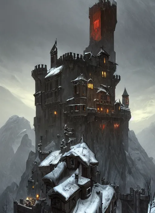 Image similar to a painting of a castlevania, dishonored 2 style castle in the middle of a snowy mountain, a detailed matte painting by andreas rocha and greg rutkowski, featured on artstation, fantasy art, matte drawing, matte painting, artstation hq