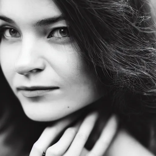 Prompt: closeup photo of a beautiful woman face, golden hour, 8 0 mm lens, bw photo