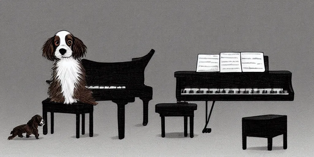 Image similar to cute a brown and white Spaniel playing a grand piano, illustration, b&w, fantasy