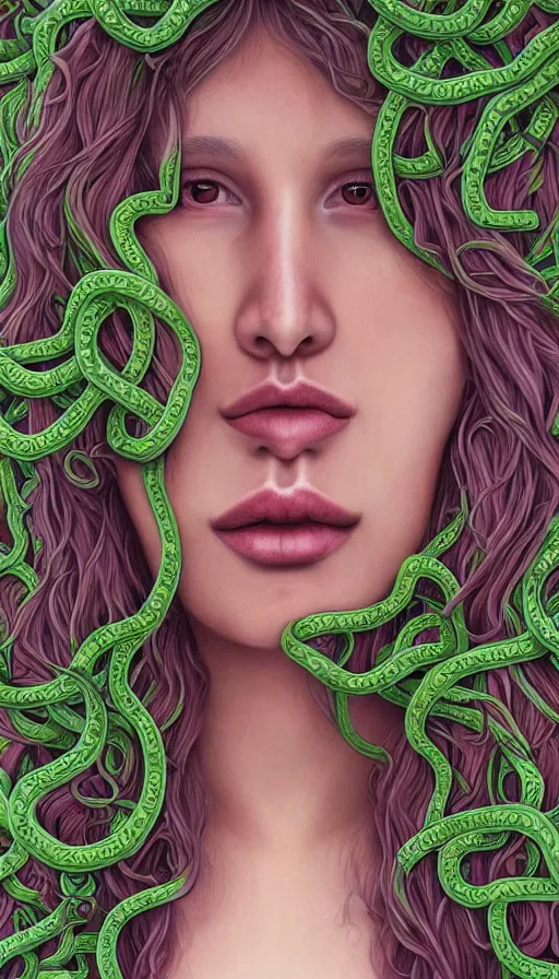 Image similar to very detailed portrait of a 2 0 years old girl surrounded by tentacles, the youg woman visage is blooming from fractal and vines, by jason de graaf